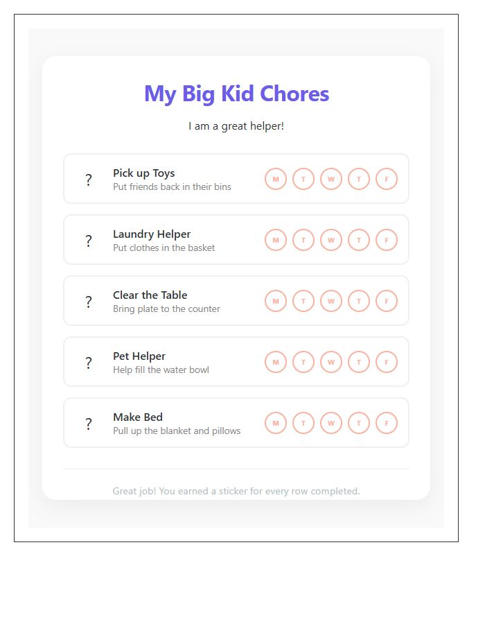 Toddler Household Chores Printable Chart
