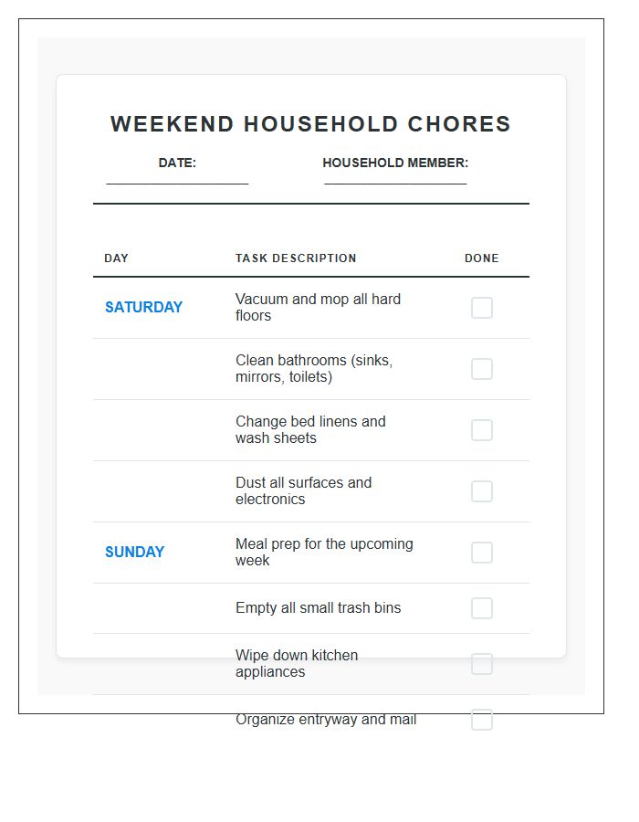 Weekend Household Chores Printable Chart