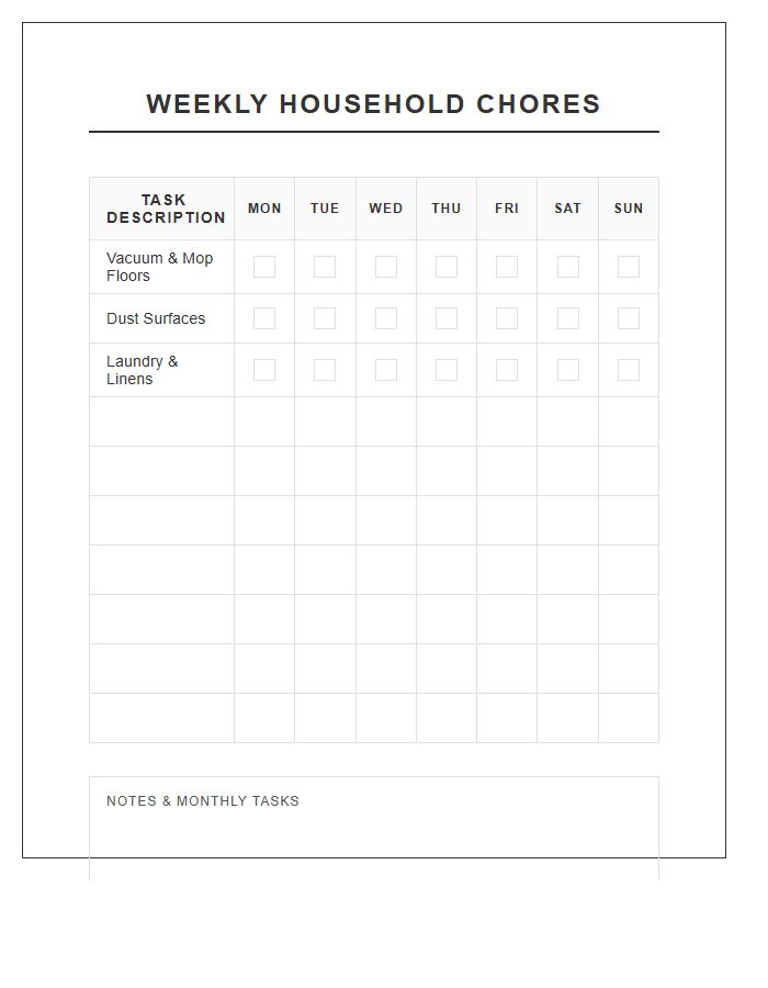 Weekly Household Chores Printable Chart