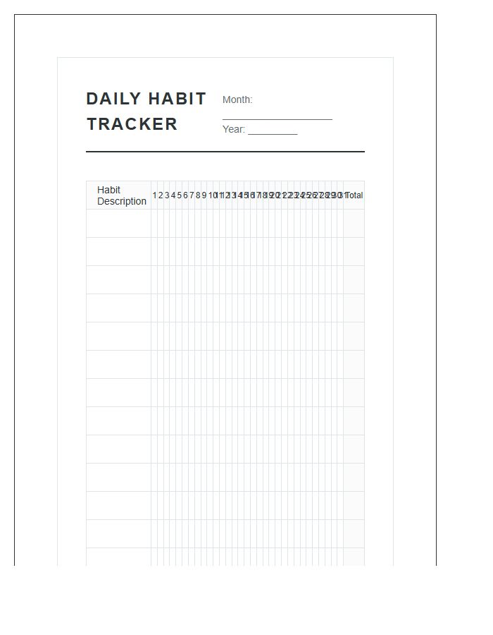 Daily Habit Tracker Printable Chart