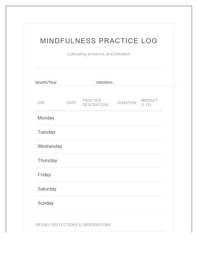 Mindfulness Practice Log Printable Chart