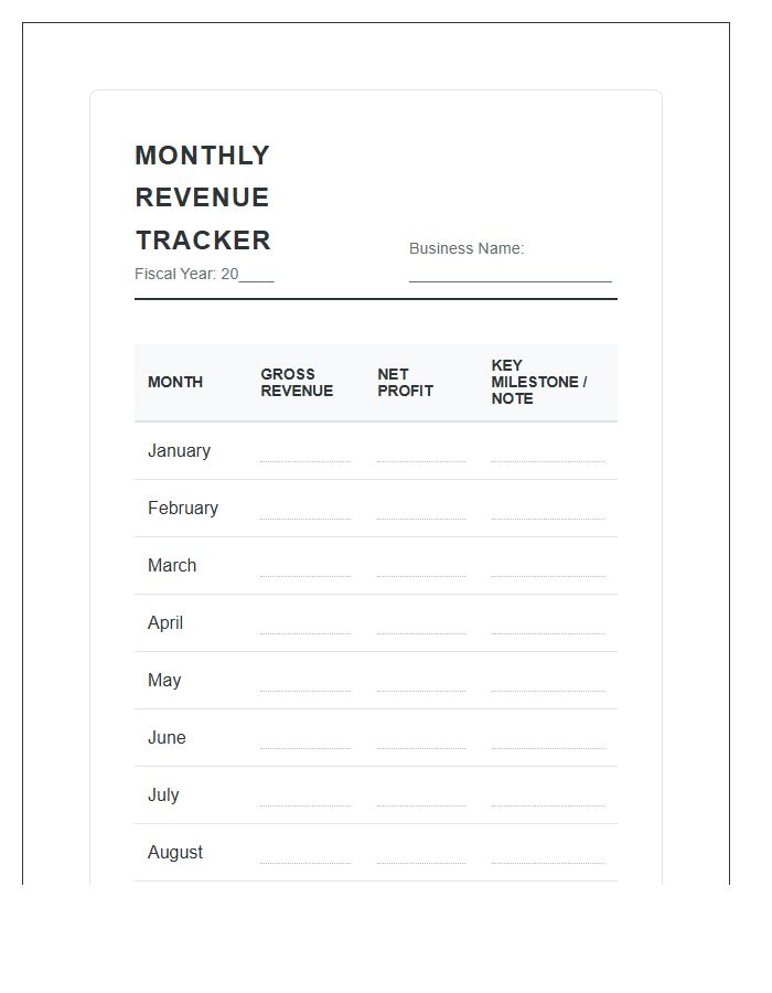 Small Business Monthly Revenue Chart Printable
