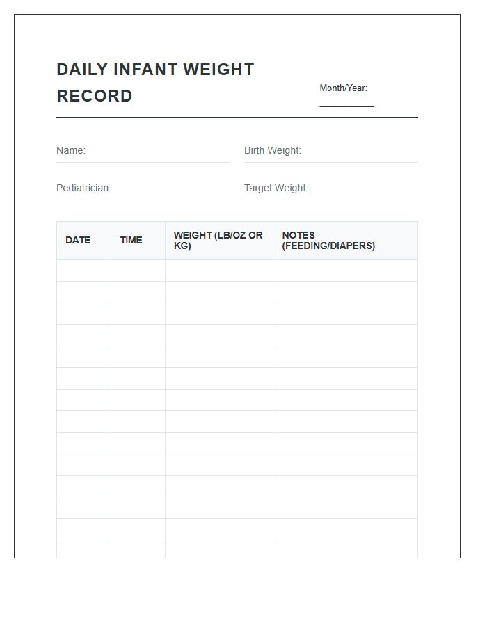 Daily Infant Weight Record Printable Chart