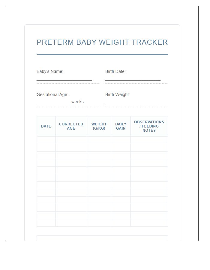 Preterm Baby Weight Development Printable Chart