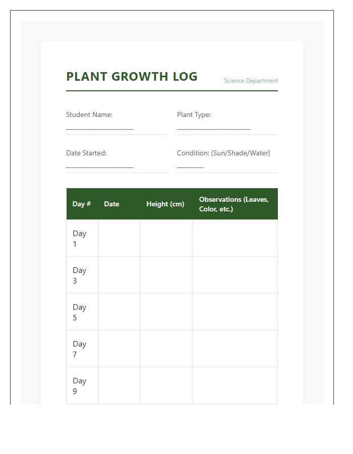 Classroom Science Project Plant Height Printable Chart