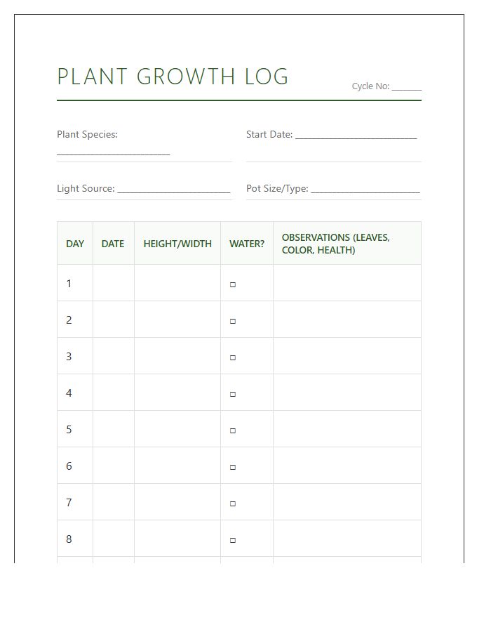 Daily Plant Growth Documentation Printable Chart