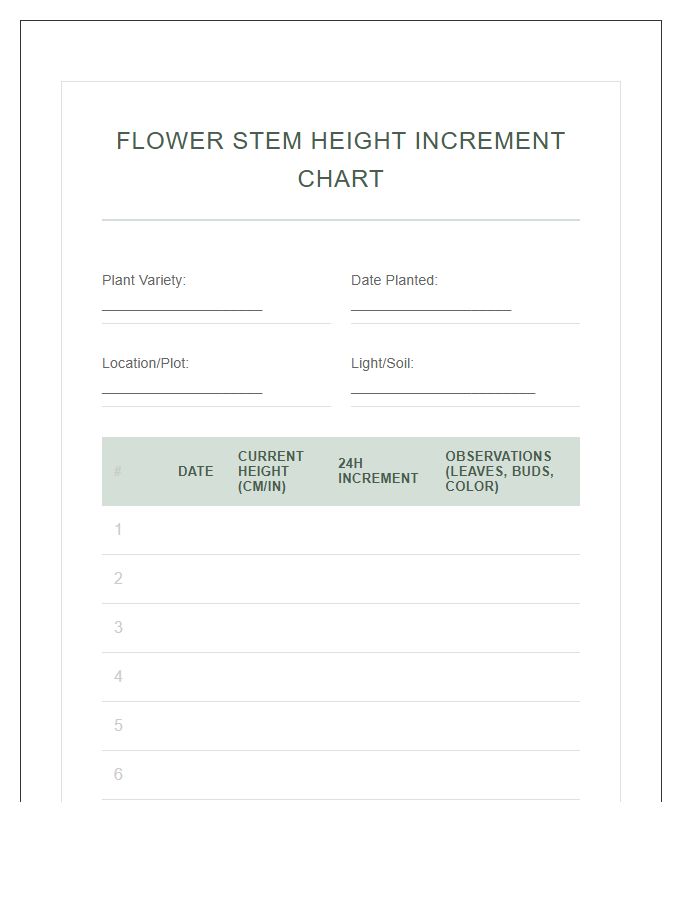 Flower Stem Height Increment Printable Chart