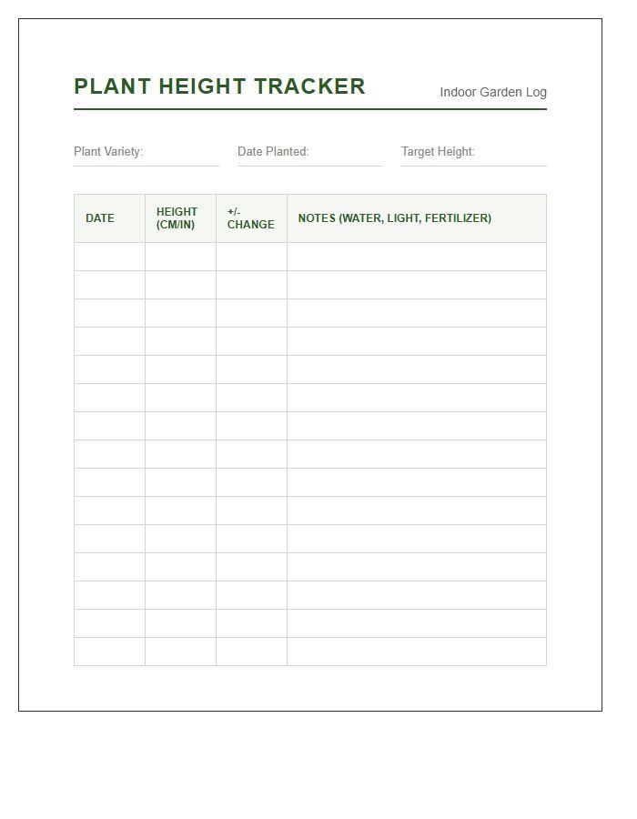 Indoor Garden Plant Height Tracker Printable Chart