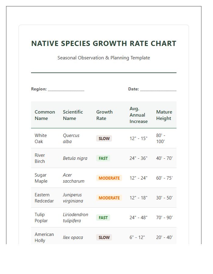 Native Species Growth Rate Printable Chart