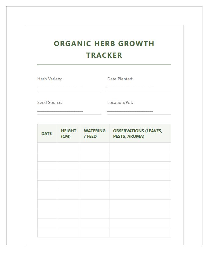 Organic Herb Growth Tracking Printable Chart
