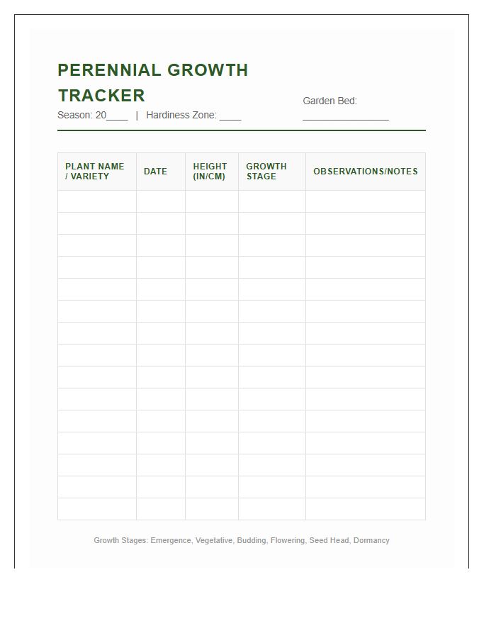 Perennial Plant Height Recording Printable Chart