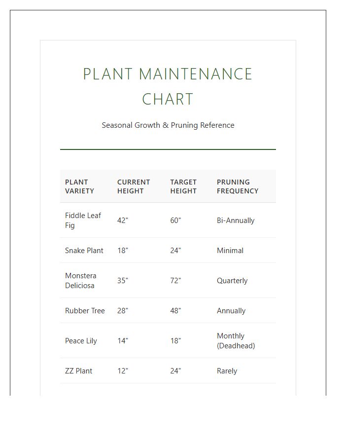 Potted Plant Maintenance Height Printable Chart