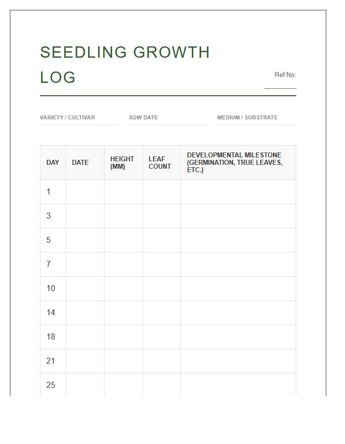 Seedling Development Measurement Printable Chart