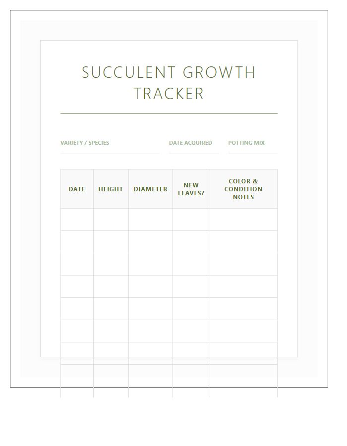 Succulent Growth Progress Printable Chart Tracker