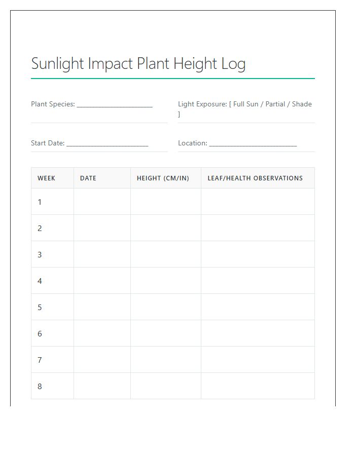 Sunlight Impact Plant Height Printable Chart Log