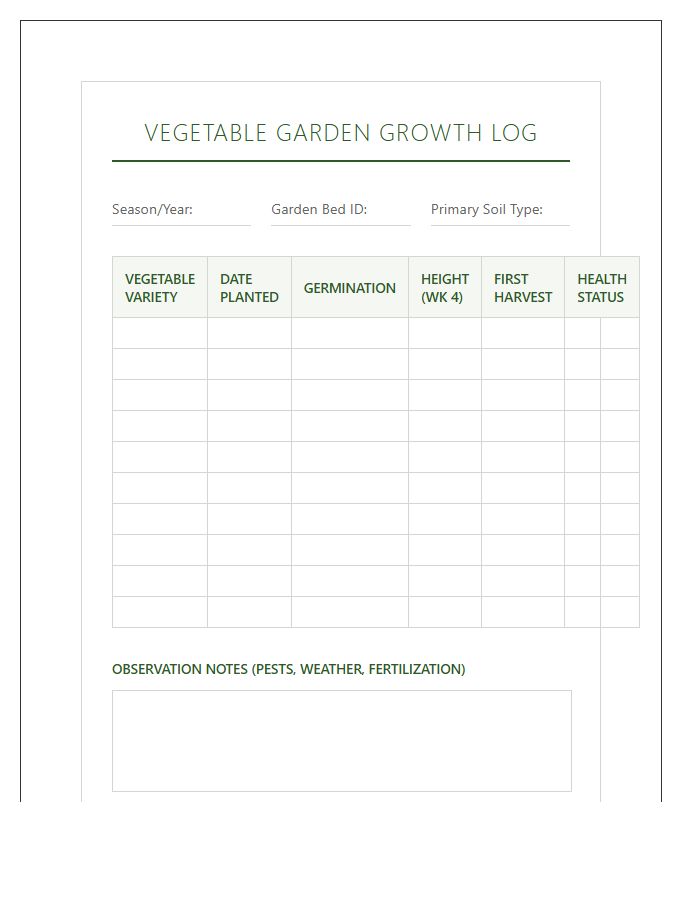 Vegetable Garden Growth Monitoring Printable Chart