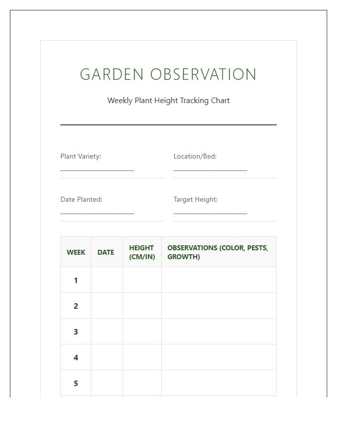Weekly Garden Observation Plant Height Printable Chart