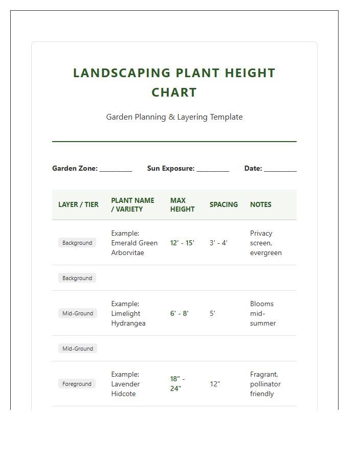 Yard Landscaping Plant Height Printable Chart