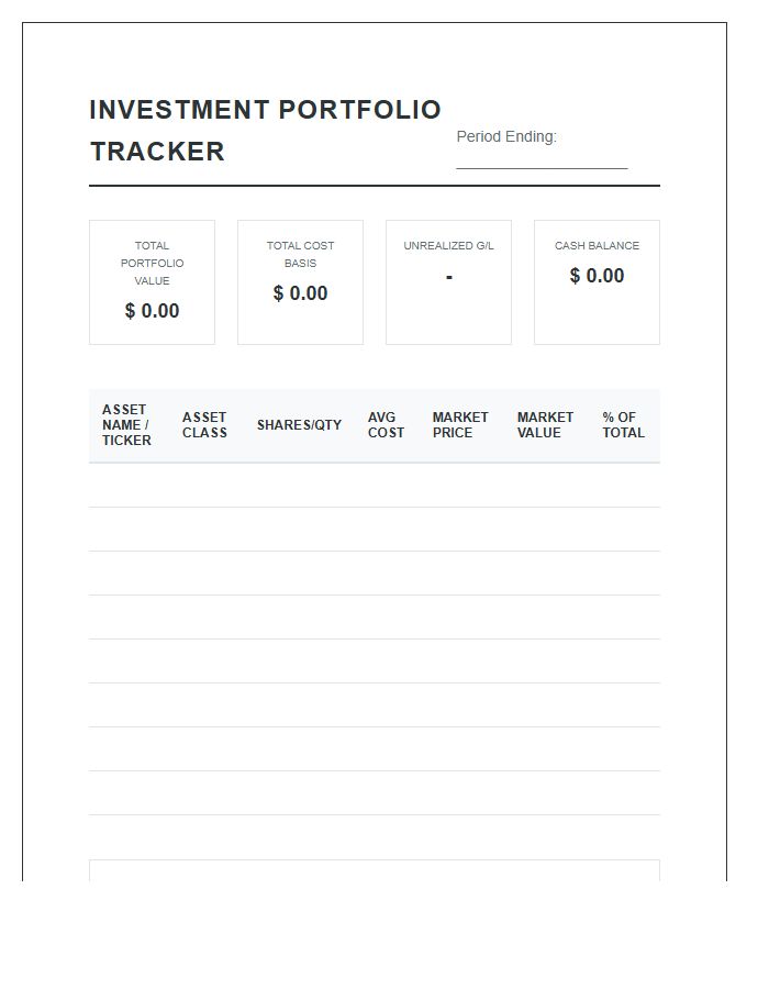 Investment Portfolio Tracking Printable Chart
