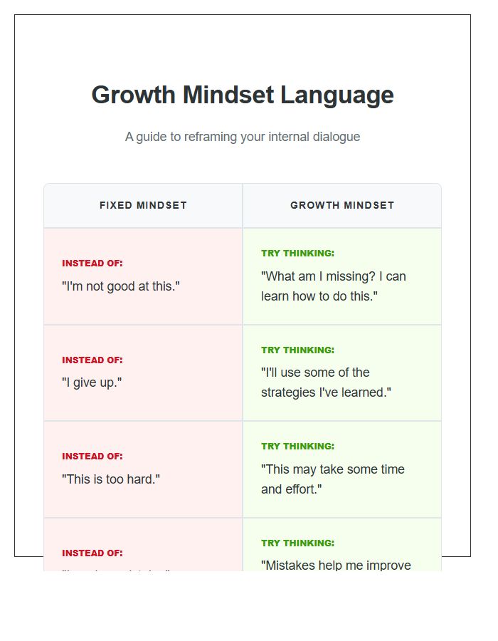 Growth Mindset Language Fixed Mindset Versus Growth Mindset Printable Chart