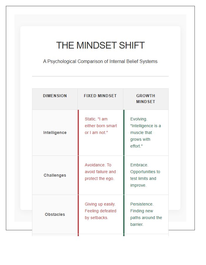 Psychology Based Fixed Mindset Versus Growth Mindset Printable Chart