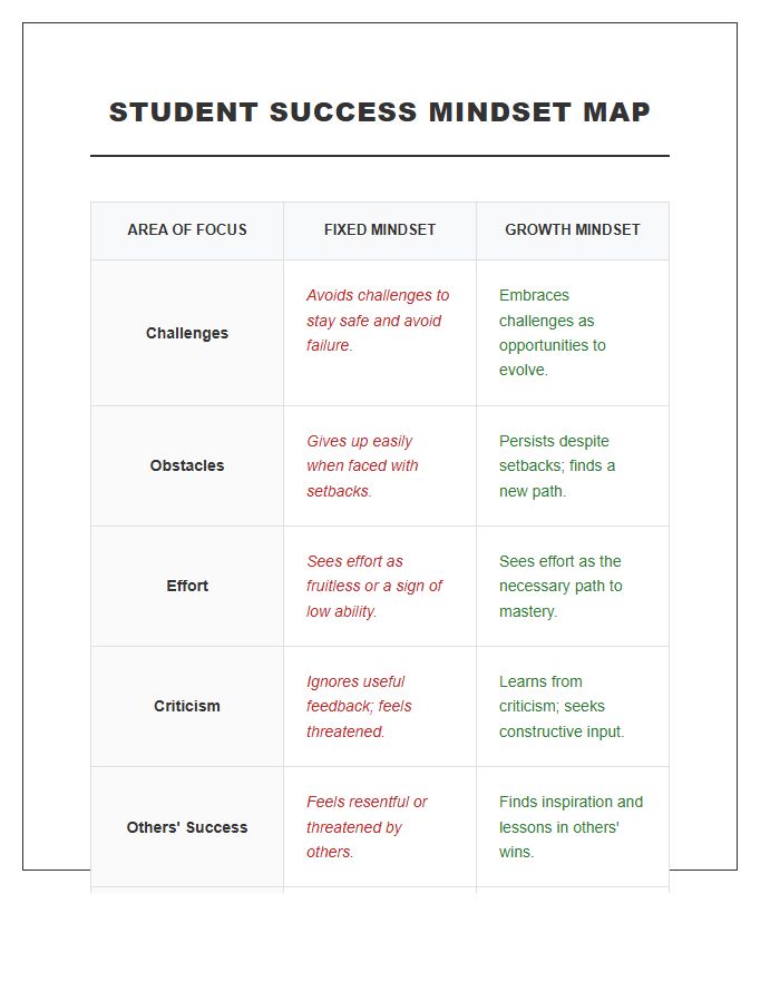 Student Success Fixed Mindset Versus Growth Mindset Printable Chart