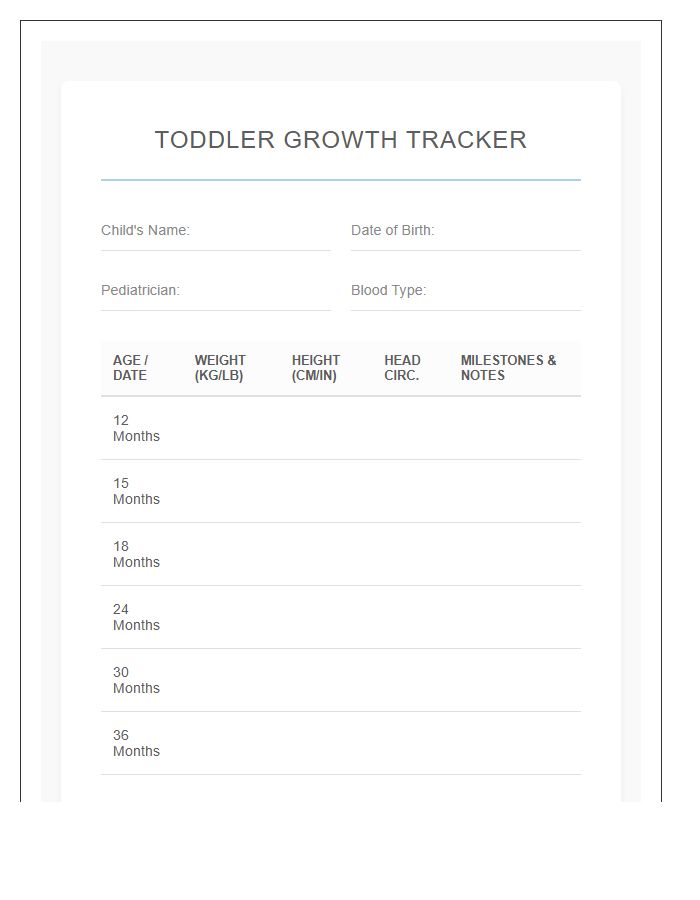 Comprehensive Toddler Growth Printable Chart