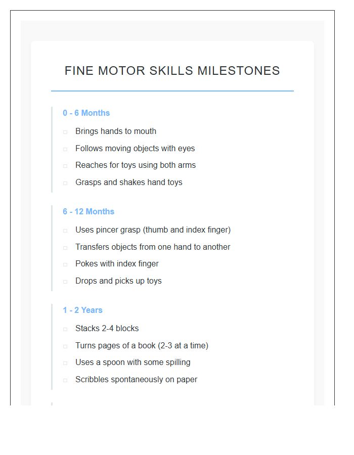 Fine Motor Skills Milestone Printable Chart