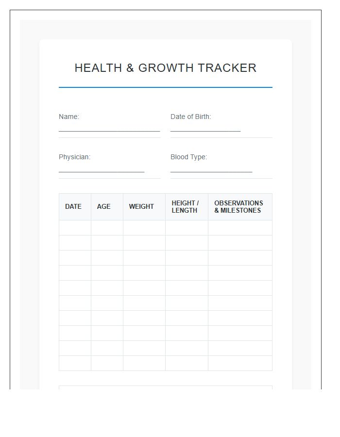 Health And Growth Tracking Printable Chart