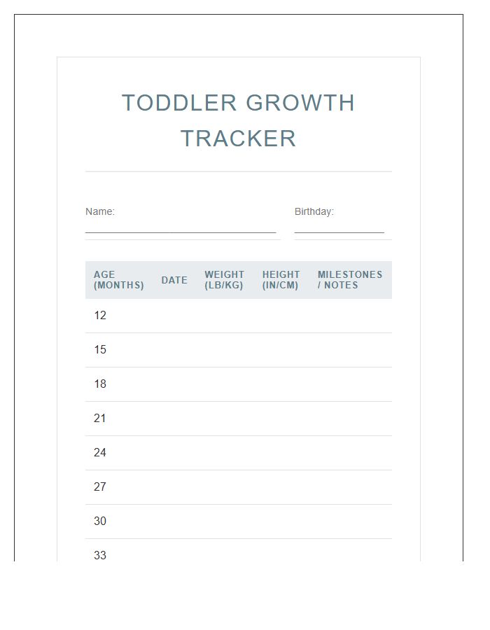 Monthly Toddler Growth Tracking Printable Chart