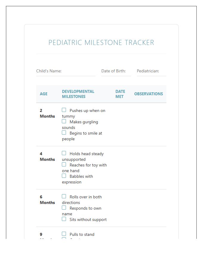 Pediatric Milestone Tracking Printable Chart