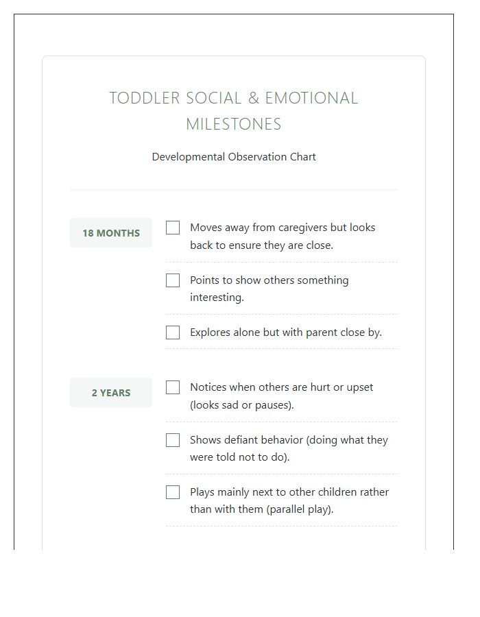 Toddler Social Emotional Milestone Printable Chart
