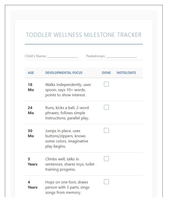Toddler Wellness Milestone Printable Chart