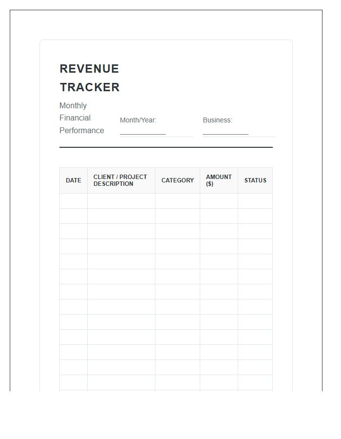 Monthly Small Business Revenue Tracking Printable Chart