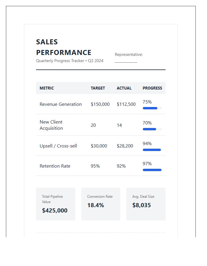 Quarterly Sales Performance Progress Printable Chart
