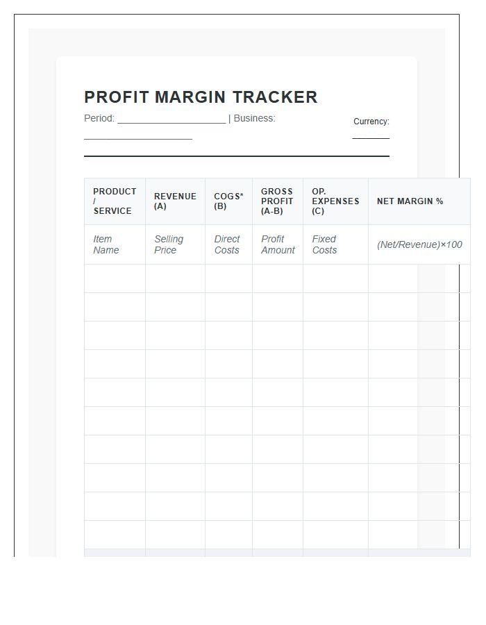Small Business Profit Margin Tracking Printable Chart