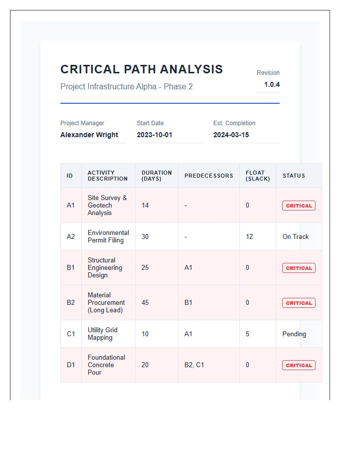 Complex Project Management Critical Path Printable Chart