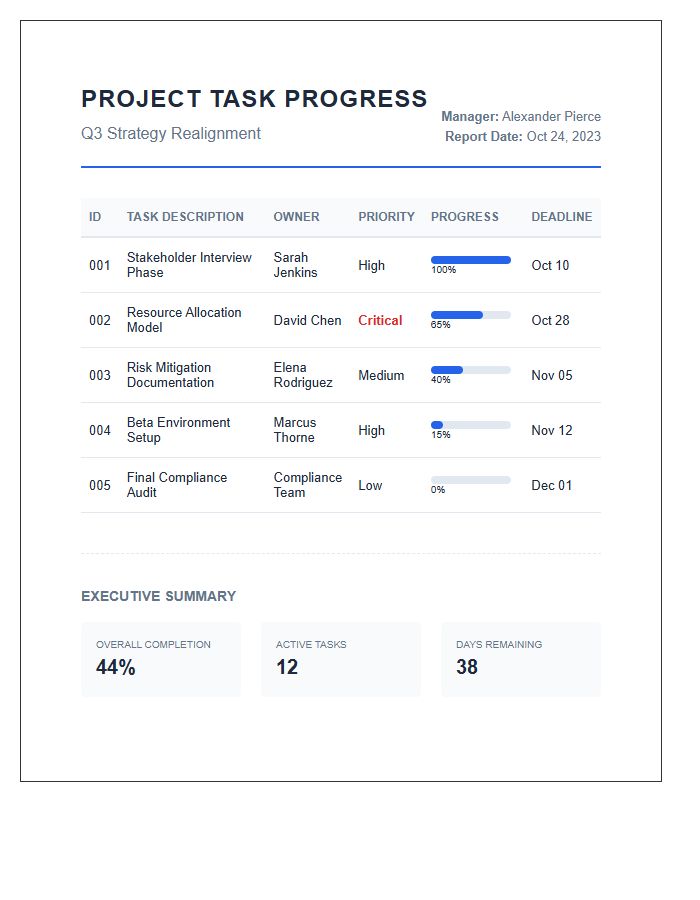 Detailed Project Management Task Progress Printable Chart