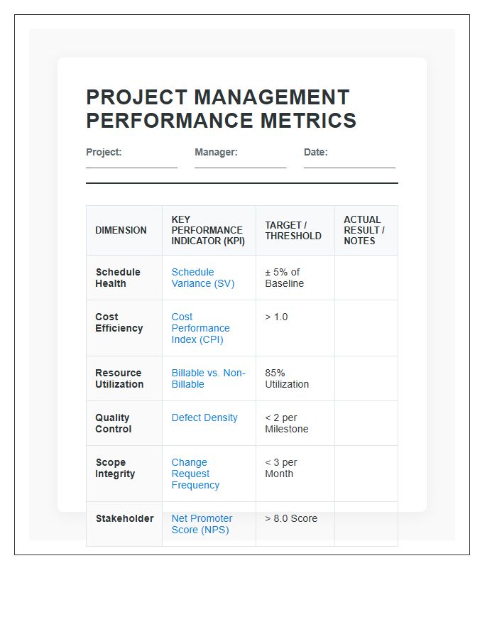 Effective Project Management Performance Metric Printable Chart