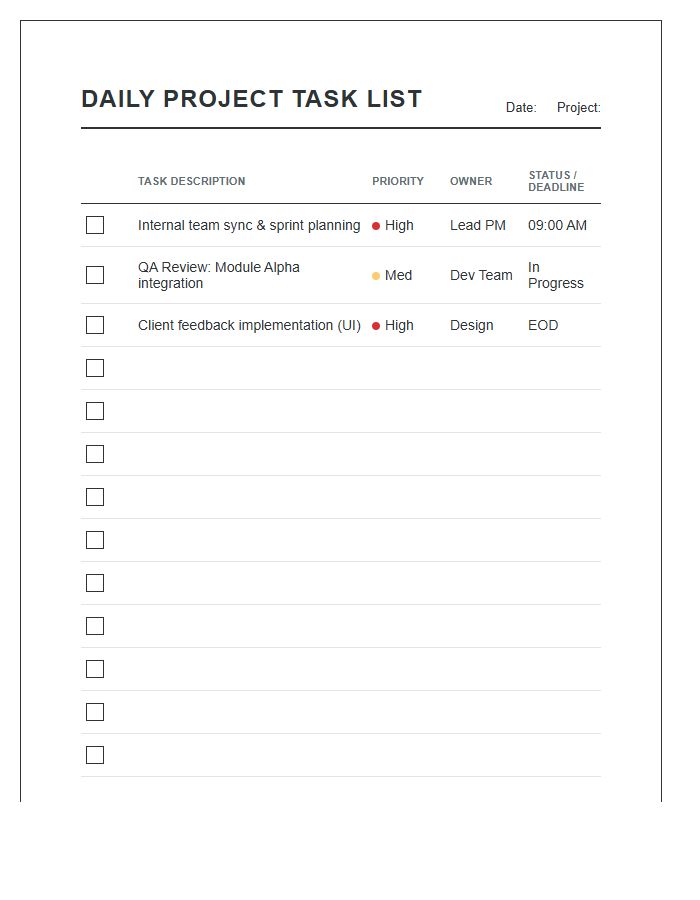 Printable Project Management Daily Task List Chart