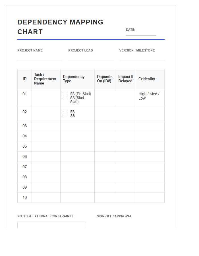 Printable Project Management Dependency Mapping Chart