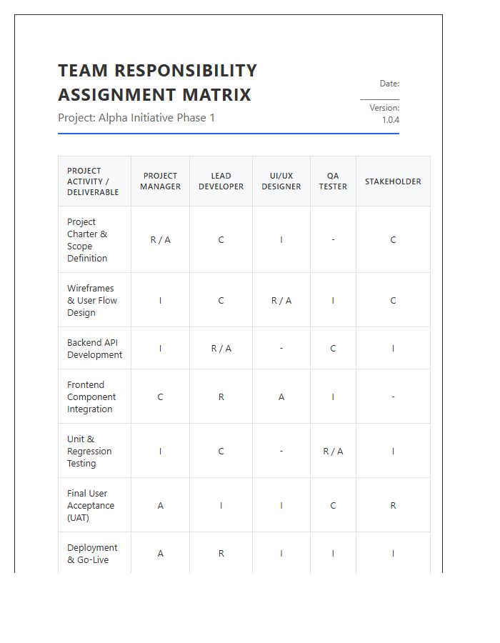 Printable Project Management Team Responsibility Chart