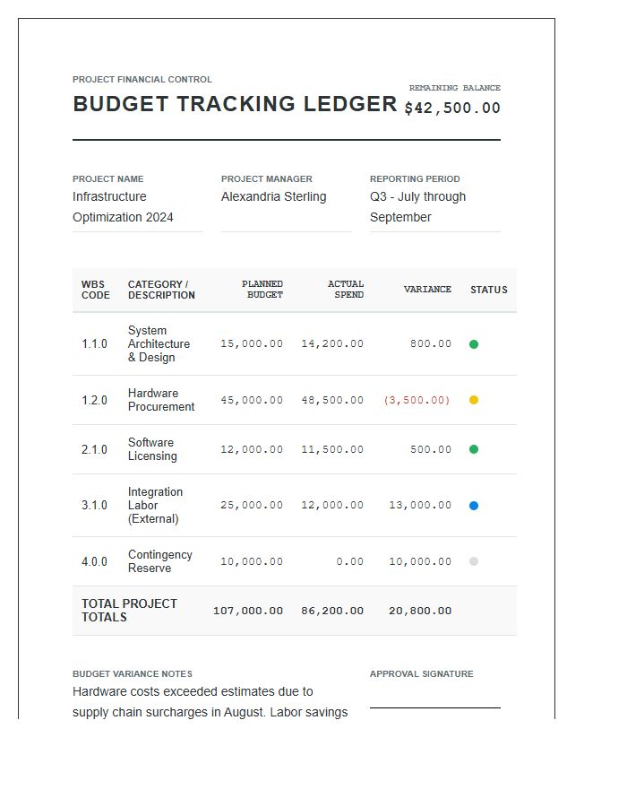 Professional Project Management Budget Tracking Printable Chart