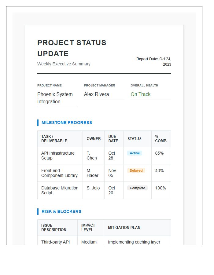Weekly Project Management Status Update Printable Chart