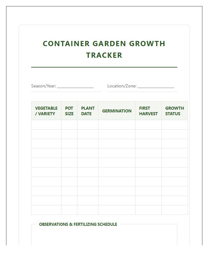 Container Vegetable Garden Growth Printable Chart