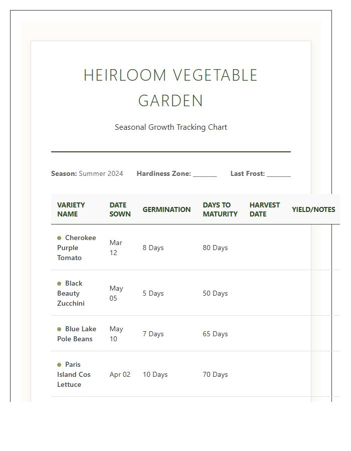 Heirloom Vegetable Garden Growth Printable Chart