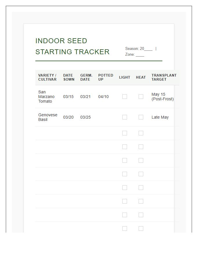 Indoor Seed Starting Progress Printable Chart