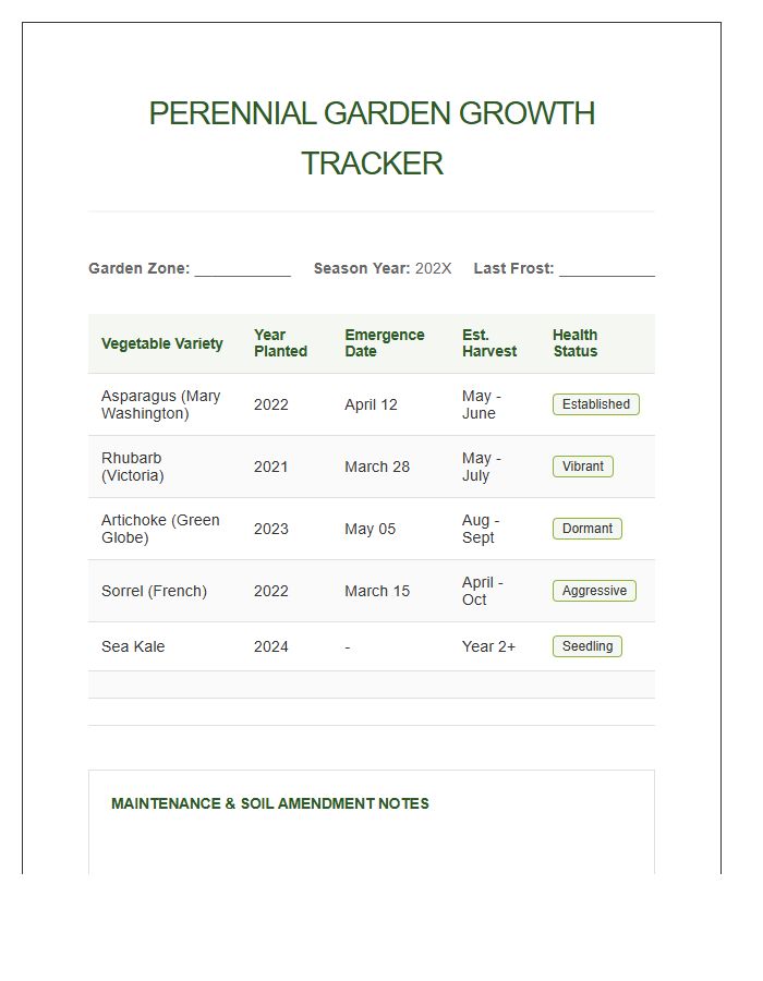 Perennial Vegetable Garden Growth Printable Chart