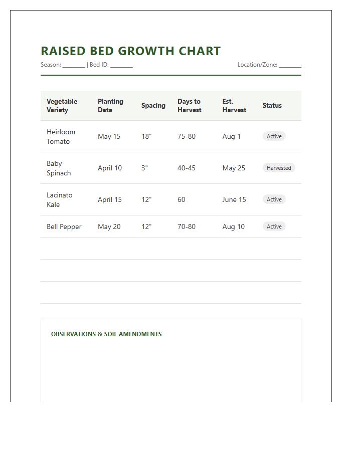 Raised Bed Vegetable Growth Printable Chart