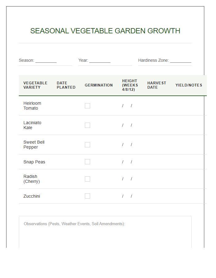 Seasonal Vegetable Garden Growth Printable Chart